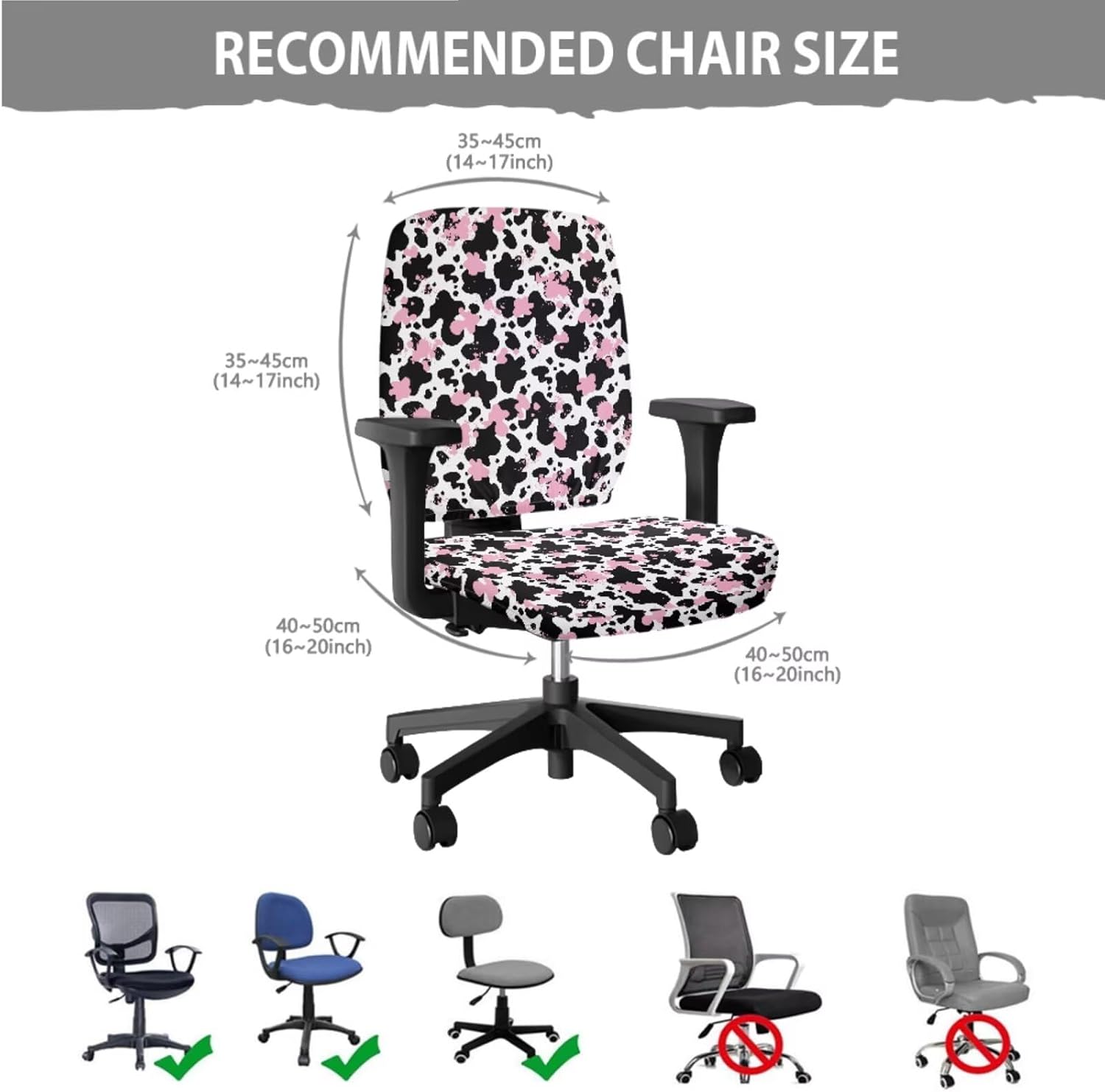 Pink Black Cow Spot Computer Chair Cover with Armrest Slipcovers Washable Stretchable 4 Pieces Set Boss Chair Protector Anti-Slip Universal High Back Chair Protector