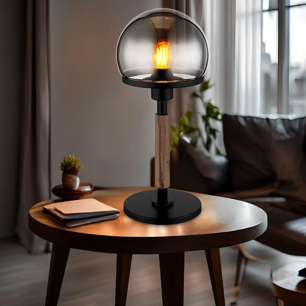Tischlampe Pilz Design Nachttischlampe Retro Tischleuchte Rauchglas Holzoptik Wohnzimmerlampe, Metall schwarz, 1x E27, DxH 18 x 40 cm