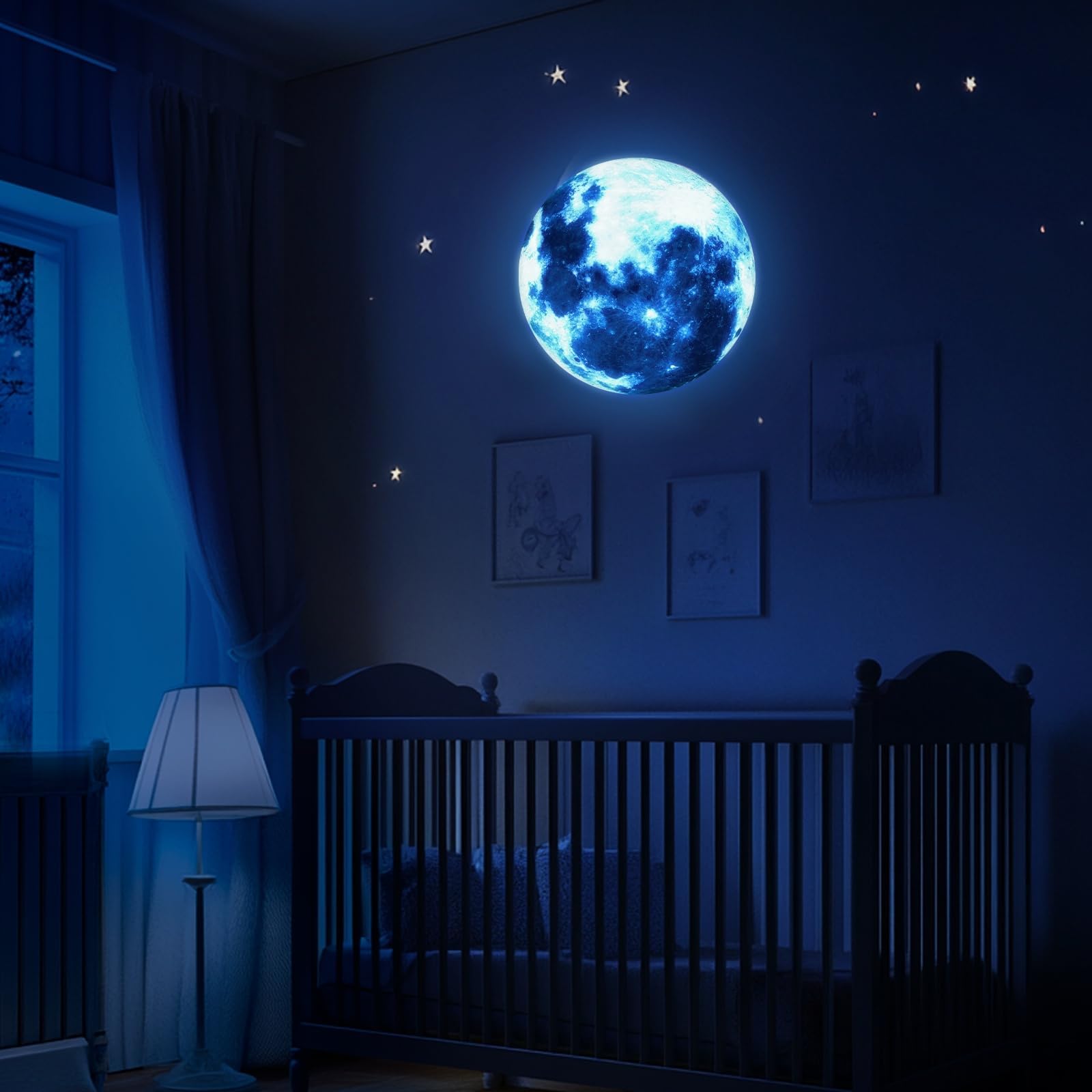 sourcing map Glow in The Dark Moon Sticker for Ceiling, 40cm Luminous Ceiling Wall Decor Stickers Glowing Moon Decals Stickers for Children Nursery Bedroom Living Room, Blue
