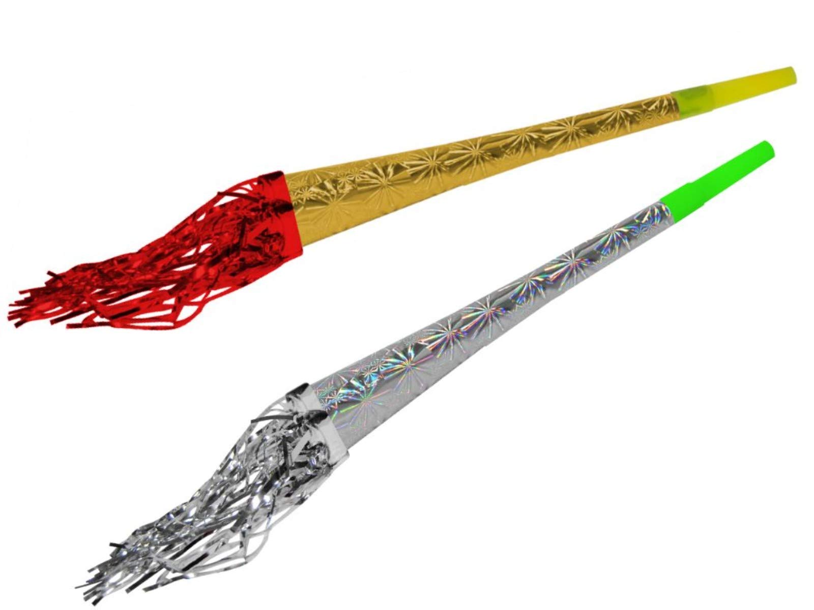 Lote de 48 Trompetas Largas Multicolores con Espumillón Metalizado. Artículos de Cotillones. Complementos para Fiestas y Eventos como Nochevieja, Bodas, Comuniones y Cumpleaños. DC