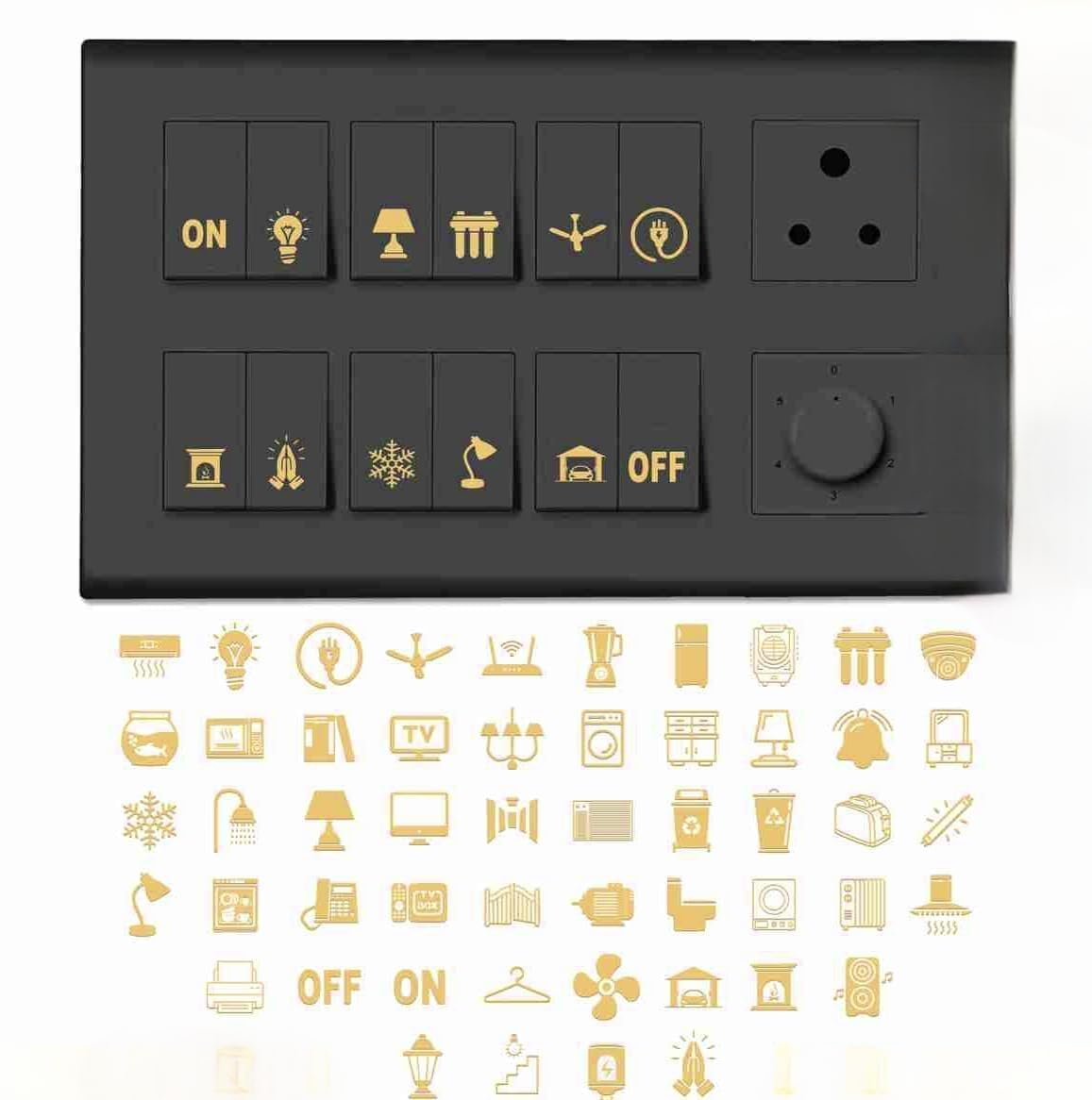 Desi Startup 330 Pcs (Useful 52 Designs) Golden Switch Board Stickers for Home and Office -Stylish & Unique Way of Switch Decoration & Identification |Self Adhesive Stickers for Switches-Light,Fan,AC-image-12