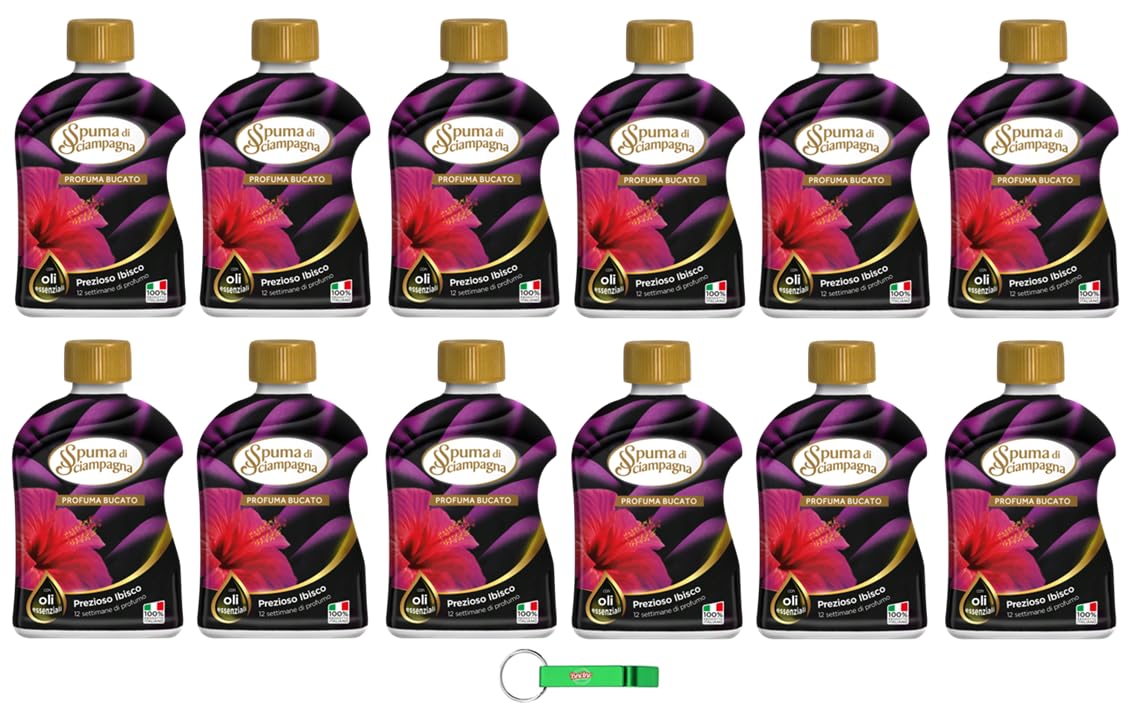 12x Spuma di Sciampagna - Wäsche-Deodorant für Waschmaschine und Trockner mit ätherischen Ölen, Duft Precious Hibiscus/Profuma Bucato Ibisco 230ml + Beni Culinari Kostenloser Schlüsselanhänger