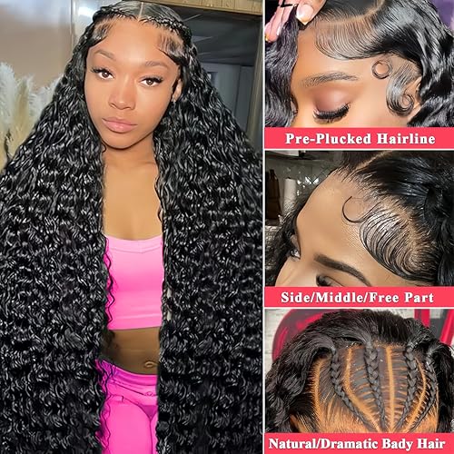 Image of 34Inch Deep Wave Lace Front Wigs Human Hair 200% Density 13x6 HD Transparent Deep Curly Lace Front Wigs for Women Pre Plcked Glueless Wigs with Baby Hair