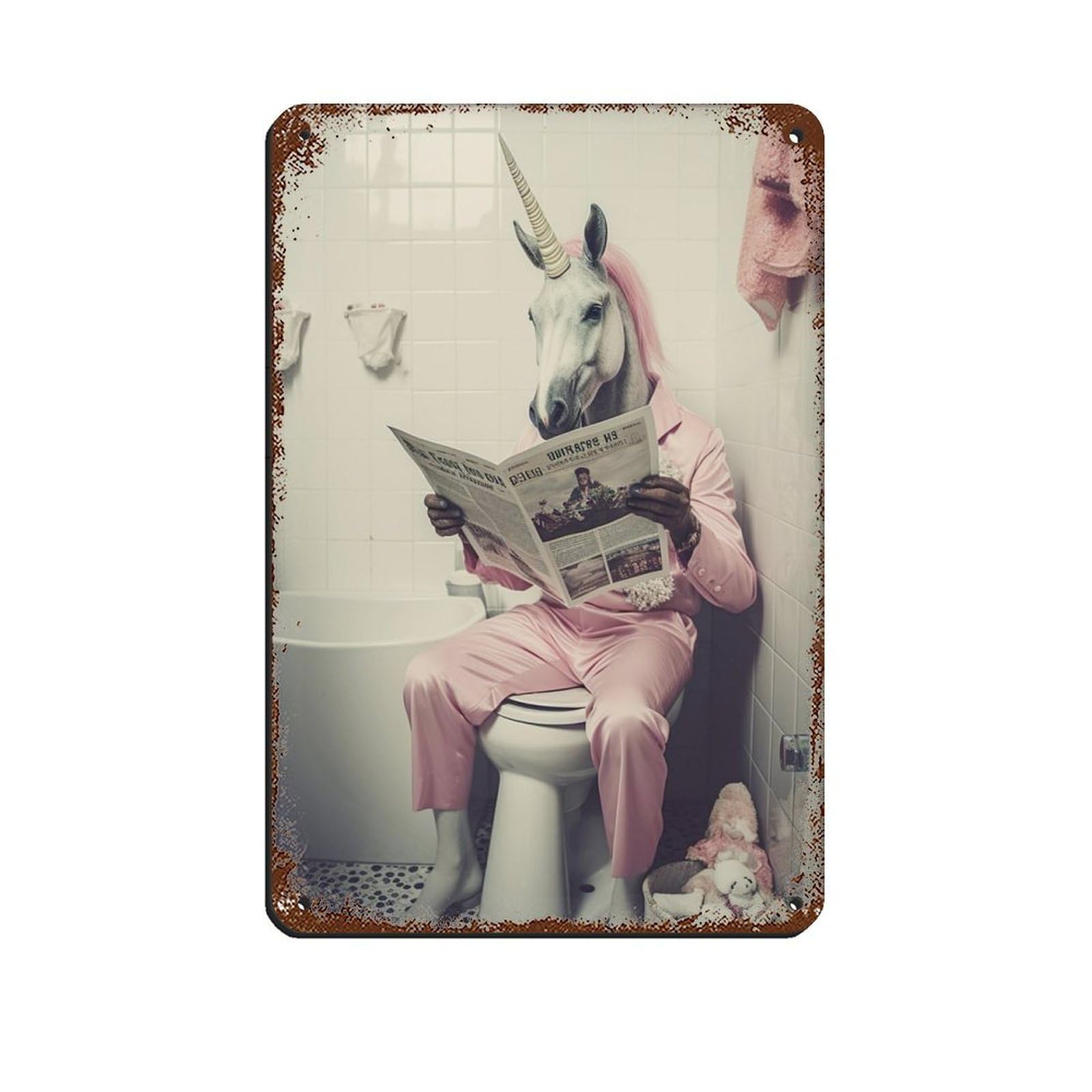 Unicorn Sitting on The Toilet Reading A Newspaper (3) Retro Poster Metal Tin Sign Chic Art Retro Iron Painting Bar People Cave Cafe Family Garage Poster Wall Decoration 8x12inch(20x30cm)
