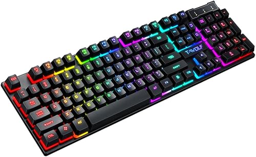 T-WOLF T20 RGB Wired Keyboard – 104-Key Rainbow Backlit USB Keyboard with Mechanical Feel for PC, Laptop, Office & Home Use