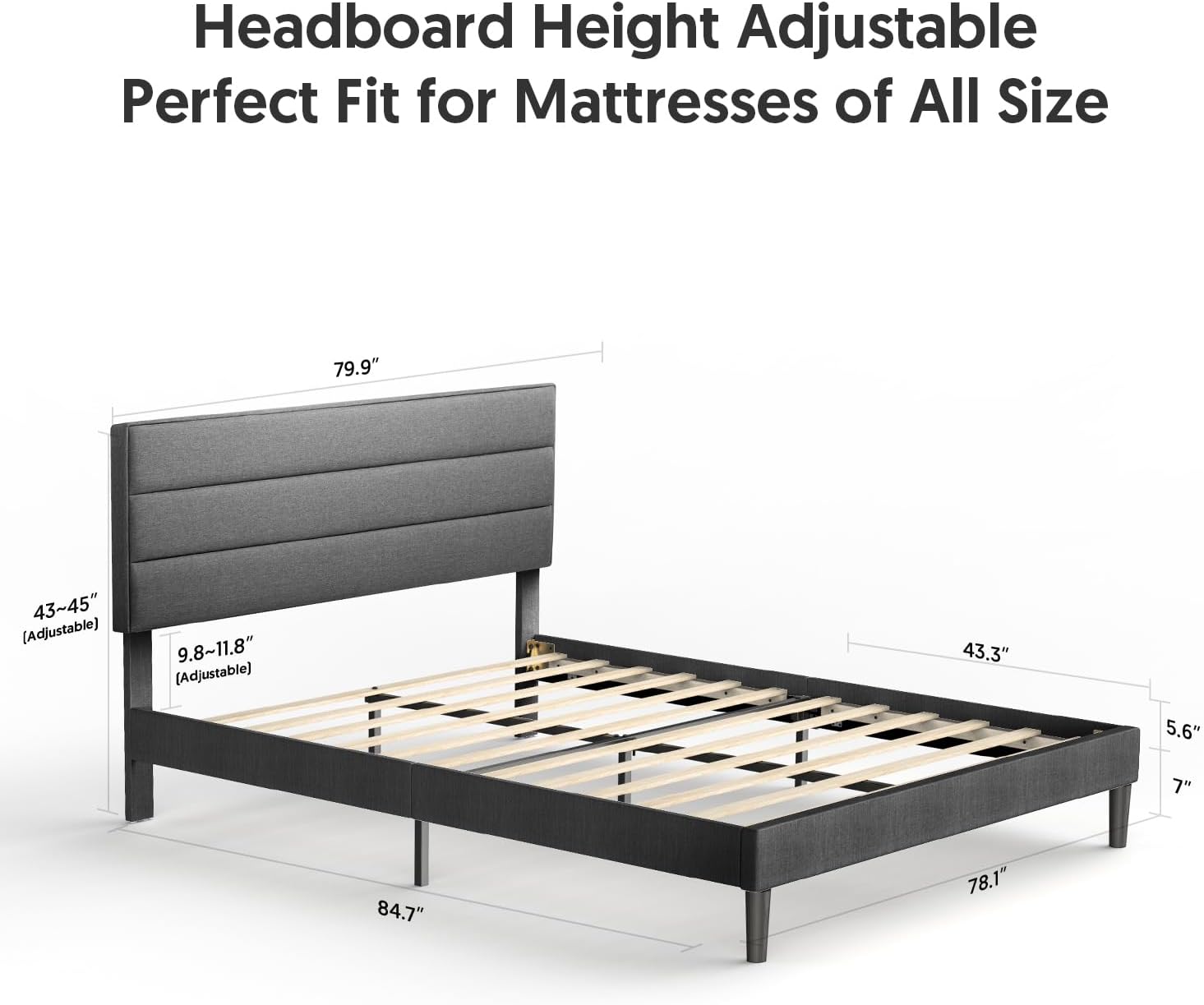 BONSOIR King Size Grey Color Modern Low Profile Upholstered Bed Frame with Tufted Headboard