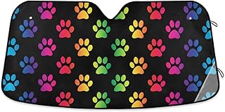 Colorful Paw Car Windshield Sun Shade Fun Animals Cat Dog Gradient Rainbow Footprint Foldable UV Ray Sun Visor Protector Sunshade to Keep Your Vehicle Cool (55" x 27.6")