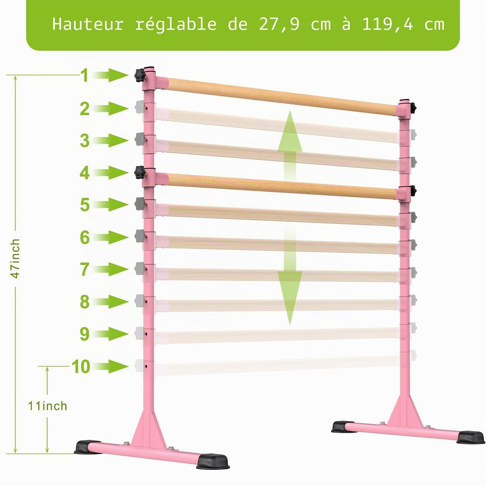 Dolibest Barre de Ballet Autoportante Rose, Barres de Danse 10 Réglables en Hauteur avec Caoutchouc Antidérapants Enfant/Adulte l'entraînement à la Barre à Domicile