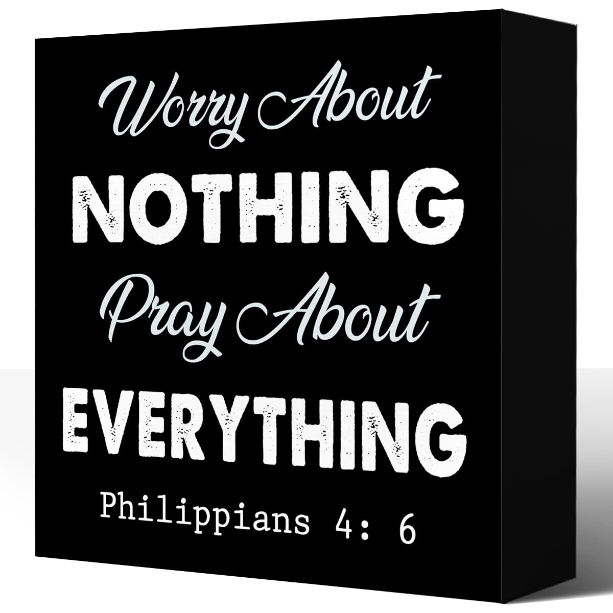 Ensound A0974 Bible Verse Wood Block Decor,Philippians 4:6 Worry About Nothing Pray About Everything Wooden Box Sign,Scripture Wood Signs,Christian Desk Decor 5X5 Inch