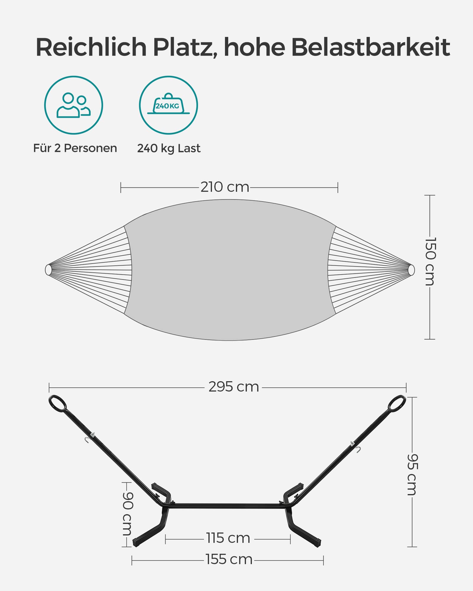 SONGMICS Hängematte, 210 x 150 cm, auf 5 Verschiedene Höhen verstellbar, Gestell aus Metall, bis 240 kg belastbar, für Garten, schwarzes Gestell und graue Hängematte GHS001G01