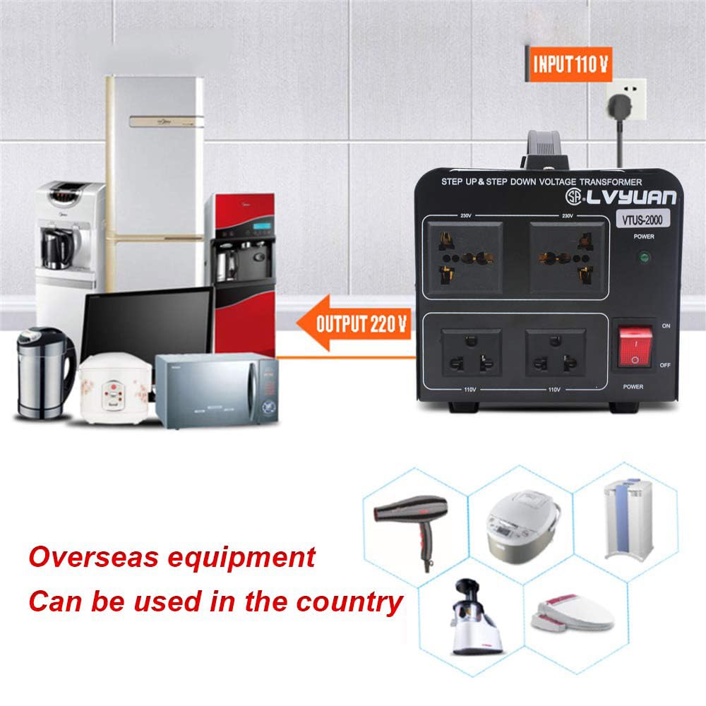 Cantonape Convertitore trasformatore di tensione 2000 Watt Step Up/Down Convert da 110-120 Volt a 220-240 Volt e da 220-240 Volt a 110-120 Volt con 2 prese USA, 2 prese universali