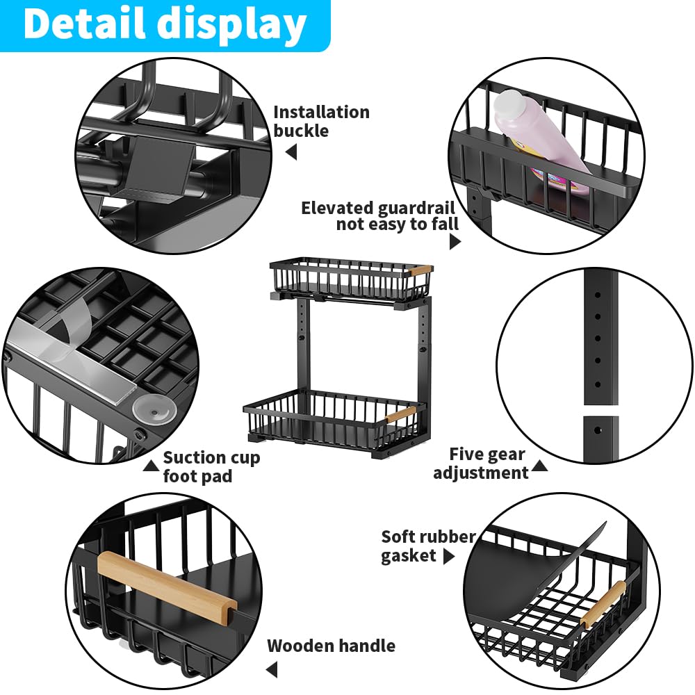Organizador para debajo del fregadero, organizador de metal de 2 niveles para debajo del fregadero y almacenamiento, estante organizador de armario deslizante de altura ajustable para cocina,