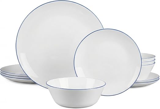 Dinnerware Sets for 4, LaGlint 12 Pieces Opal Glass Plates and Bowls Set, Dishwasher and Microwave Safe Dish Dinning Ware Set, Chip and Scratch Resistant Dishware Sets Hand Painted Navy Blue Rim