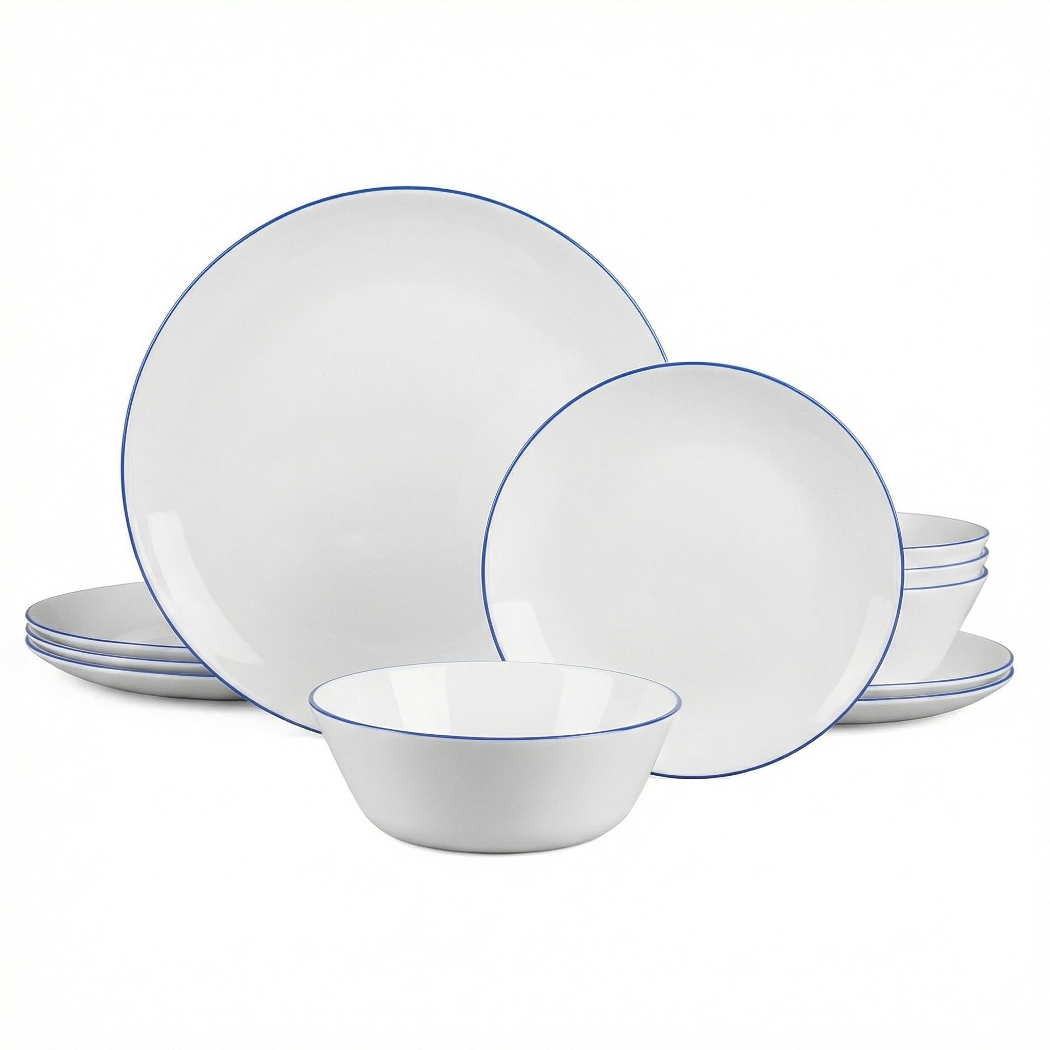 LaGlint Opal Glass Dinner Set 12 Piece for 4 Navy Blue Rim Plates Set