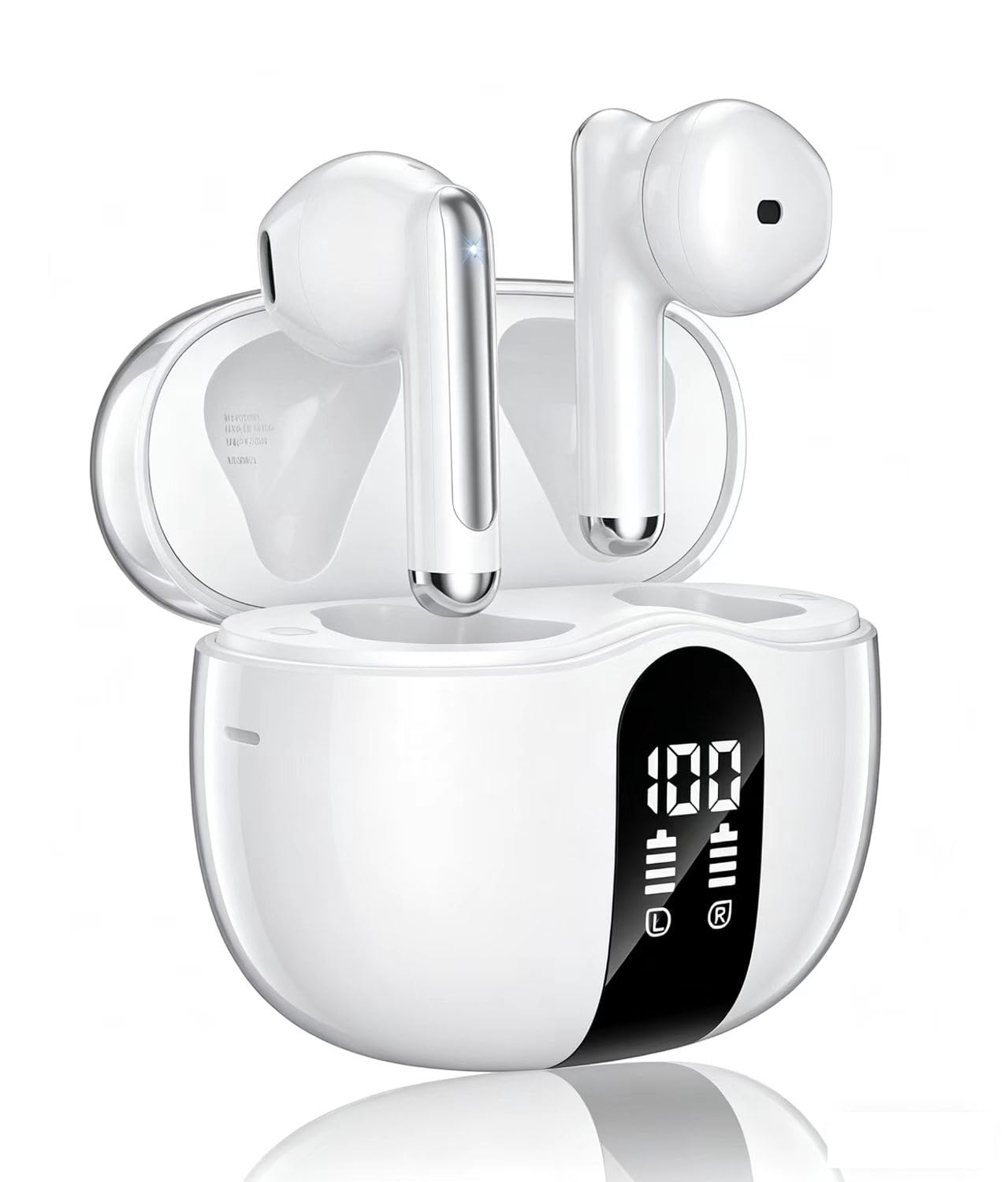Wireless Earbuds, Bluetooth 5.4 Headphones HiFi Stereo, Ear Buds with 50H Playback, LED Display Wireless Earphones Clear Calls for Laptop/Phones/Sports, White