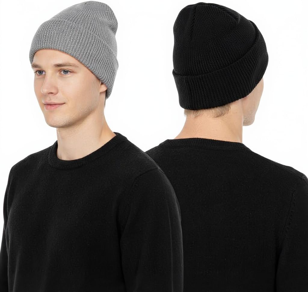 2 PCS Unisex Beanie Hats for Men Women Winter Knit Satin Lined Beanies Silk Lining Soft Slouchy Warm Cuffed Beanie Hat Black LightGrey