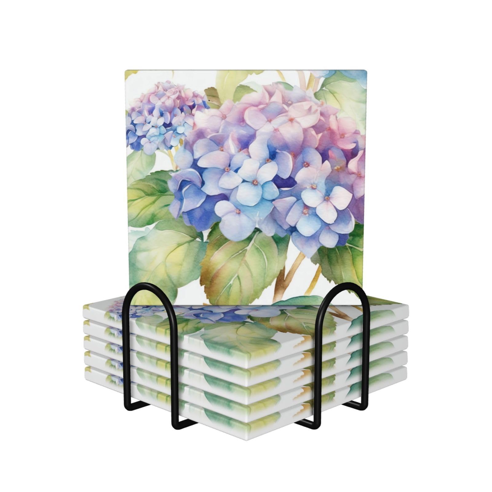 Set of 6 Coasters for Drinks Hydrangea Watercolor Printed Absorbent Ceramic Coasters with Cork Base Drink Coasters with Holder for Home Kitchen Office