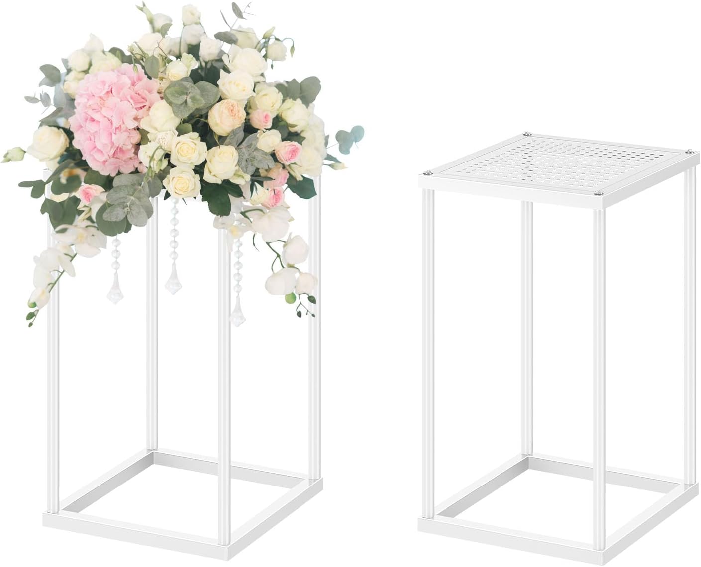 Centro de mesa de boda, jarrón blanco, 2 piezas de 15.7 pulgadas de columna de metal geométrica, soporte de flores blancas para decoración de bodas