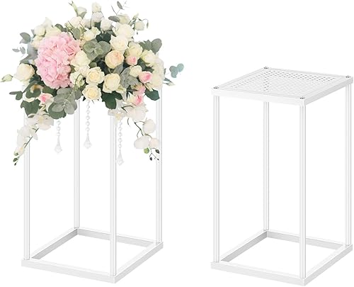Centro de mesa de boda, jarrón blanco, 2 piezas de 15.7 pulgadas de columna de metal geométrica, soporte de flores blancas para decoración de bodas