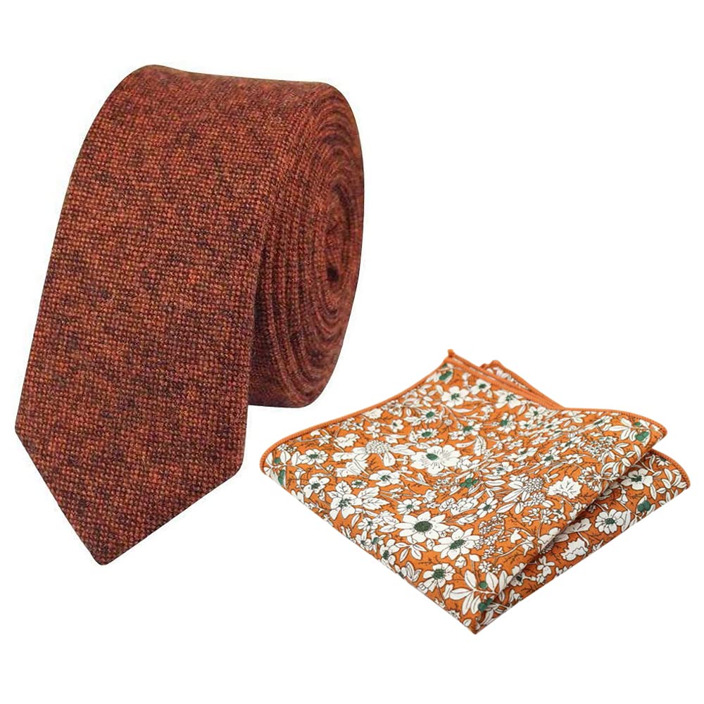 Db Dickie Bow Men's Rusty Burnt Orange And Orange Floral Luxury Wool Skinny Neck Tie & Pocket Square Set (Rusty Burnt Orange And Orange Floral) - Suitable For Formalwear, Office, Weddings, Parties, Grooms & Grooms Outfits
