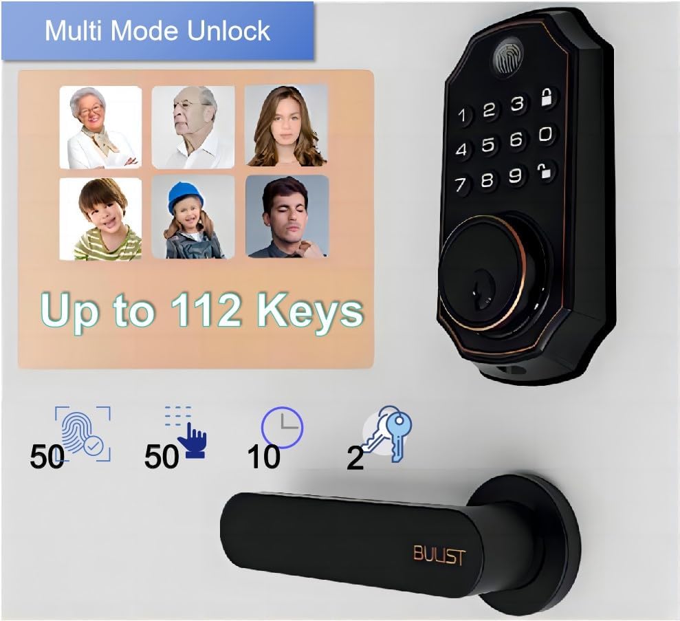 BULIST UD01S Smart Lock showing multiple unlock modes: fingerprint, keypad, and physical key, with capacity for up to 112 keys.