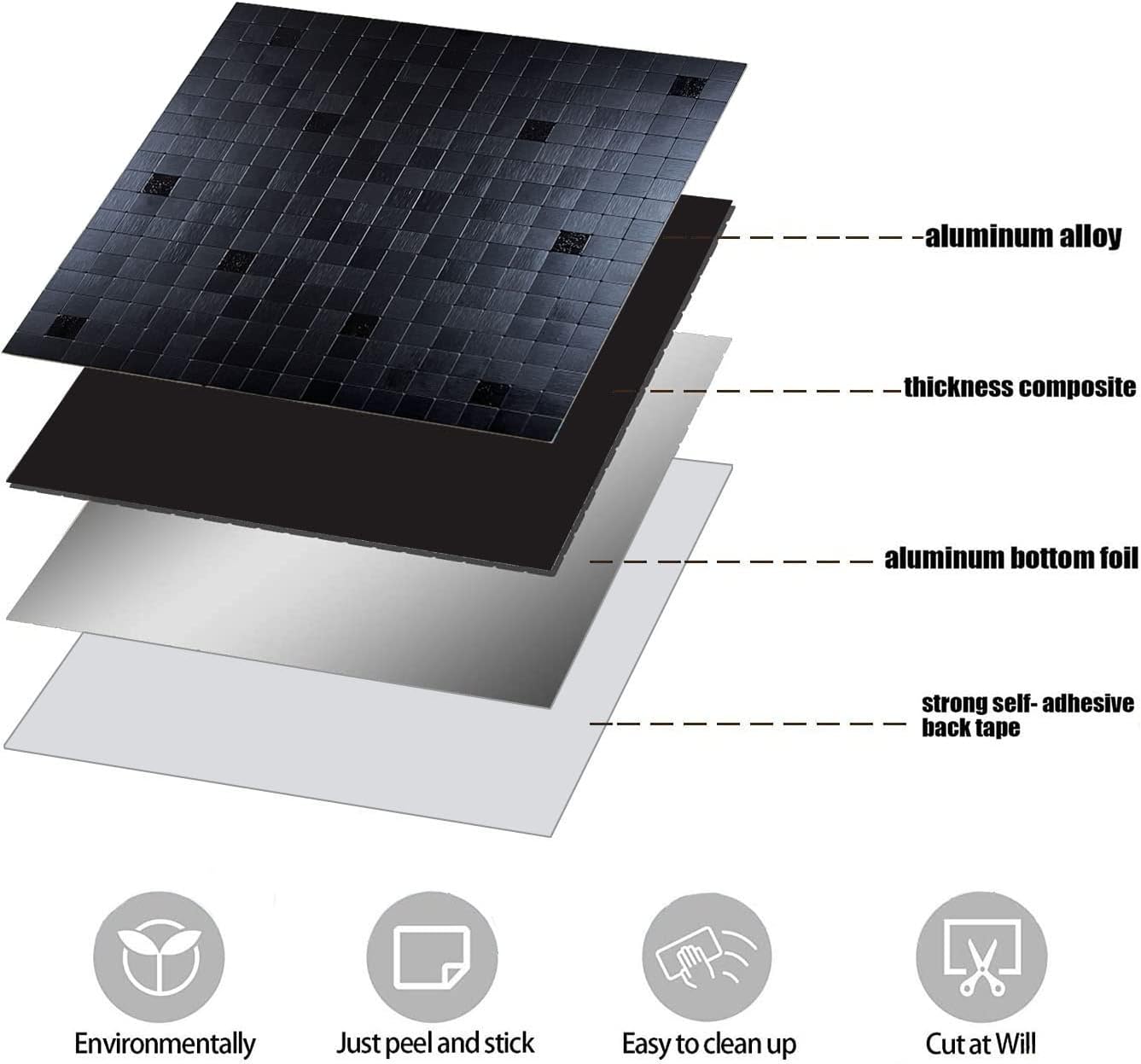 XUANINY 10-Piece Self-Adhesive Metal Backsplash, Peel and Stick Tile for Kitchen Brushed Aluminium Surface backsplash (11.73"x11.73",10) (Black Brushed)