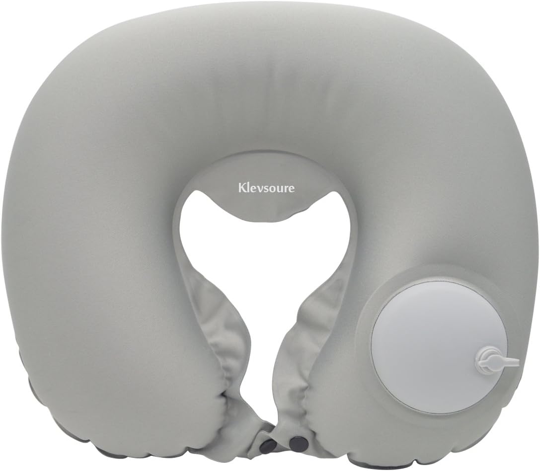 Klevsoure Travel Neck Pillow for Airplanes with Packsack（Grey Inflatable Neck U-Shape Pillow for Traveling and Airplane Support Head, Neck