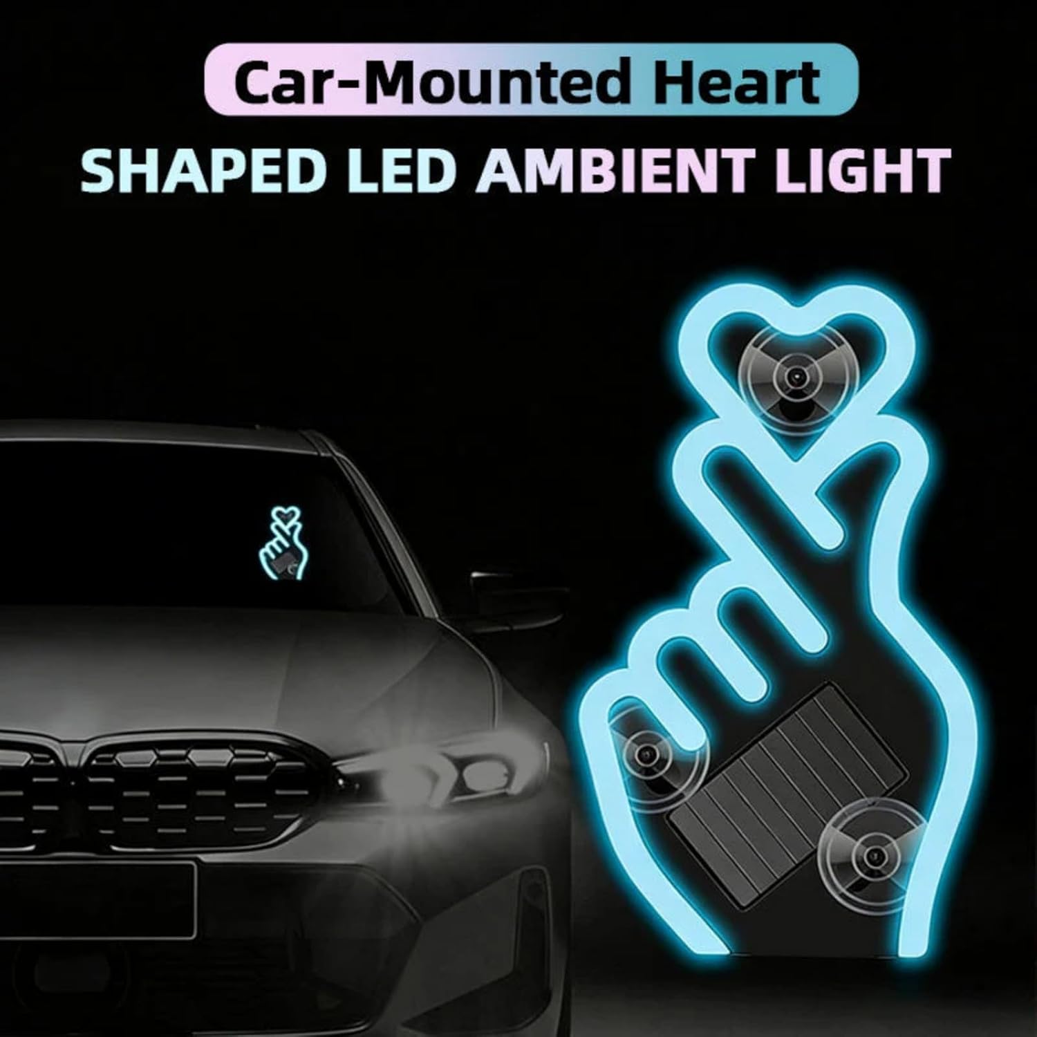 Solar-Powered Finger Heart Car Window Light, Solar Powered Wireless Led Heart Shape C-Pillar Neon Light, Wireless Suction Mount with Smart Motion Sensor, Ip65 Waterproof, for Valentine‘s Day (4PCS)