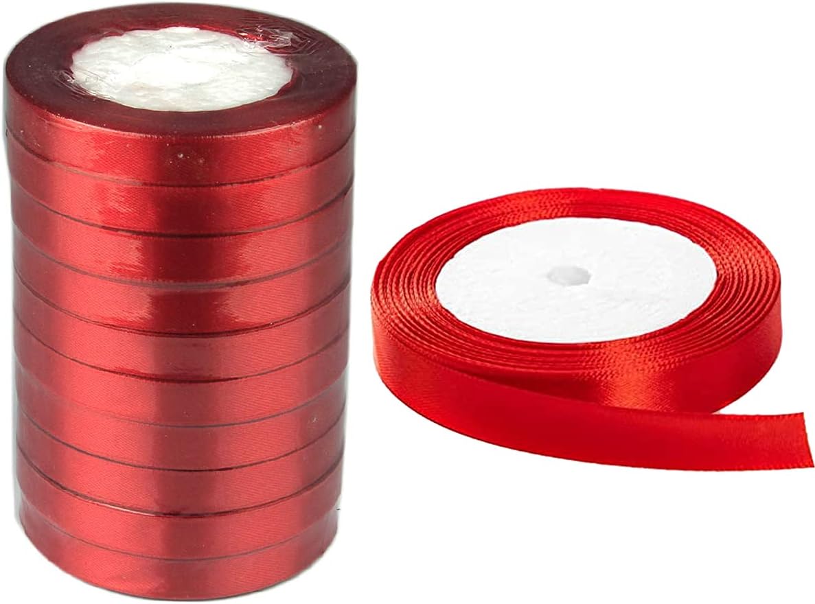 R-momentRibbon Satin Fabric Ribbon For Gift Package Wrapping Hair Bow Clips Making Crafting Sewing Wedding Decorations Width1.3Cm23 Ms 10 Pcs Roll Set Rbn8503Red