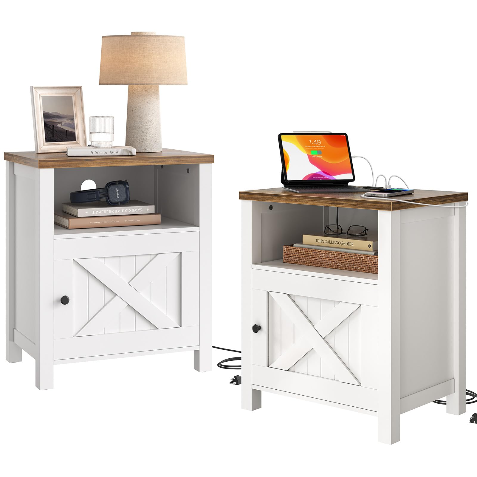 Pipishell Night Stand Set 2, Farmhouse Bedside Table Set of 2 with Open Shelf, Enclosed Cabinet, USB Port & AC Outlet, Wood Side Table with Storage