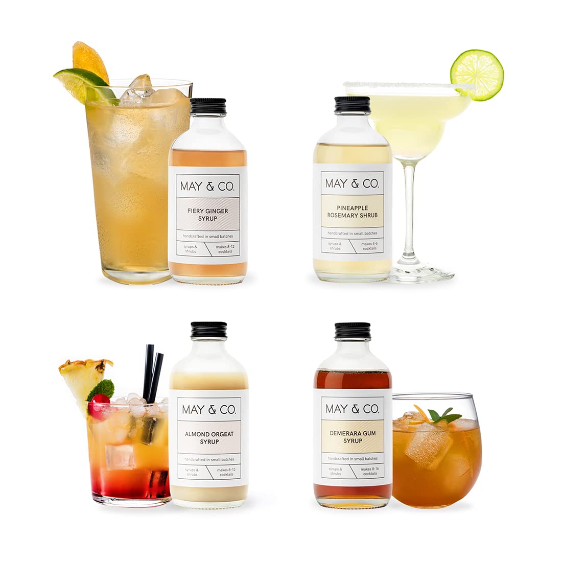 MAY & CO. Whiskey Sampler Pack - Makes 16 Cocktails - 480 ml (4 X 120 ml) - Fiery Ginger, Demerara Gum, Almond Orgeat & Pineapple Rosemary Cocktail Mixers for All Classic Whiskey Cocktails