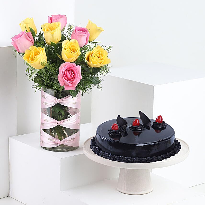 Pink & Yellow Roses Vase with Truffle Cake-image-0