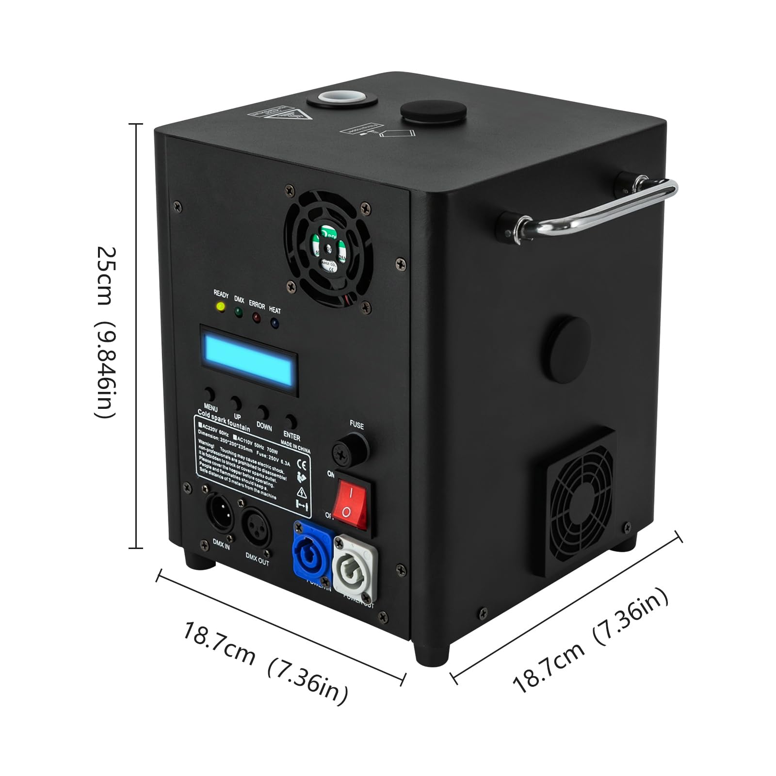 Macchina per scintille, 700 W, portatile, per palcoscenico, effetto speciale, altezza di iniezione regolabile, quattro spie di controllo, telecomando o DMX