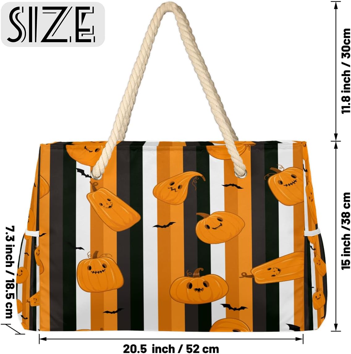 Halloween Striped Pumpkins Beach Bag for Women Waterproof Sandproof Tote with Zipper Cotton Rope Handles for Travel Pool Gym Shopping