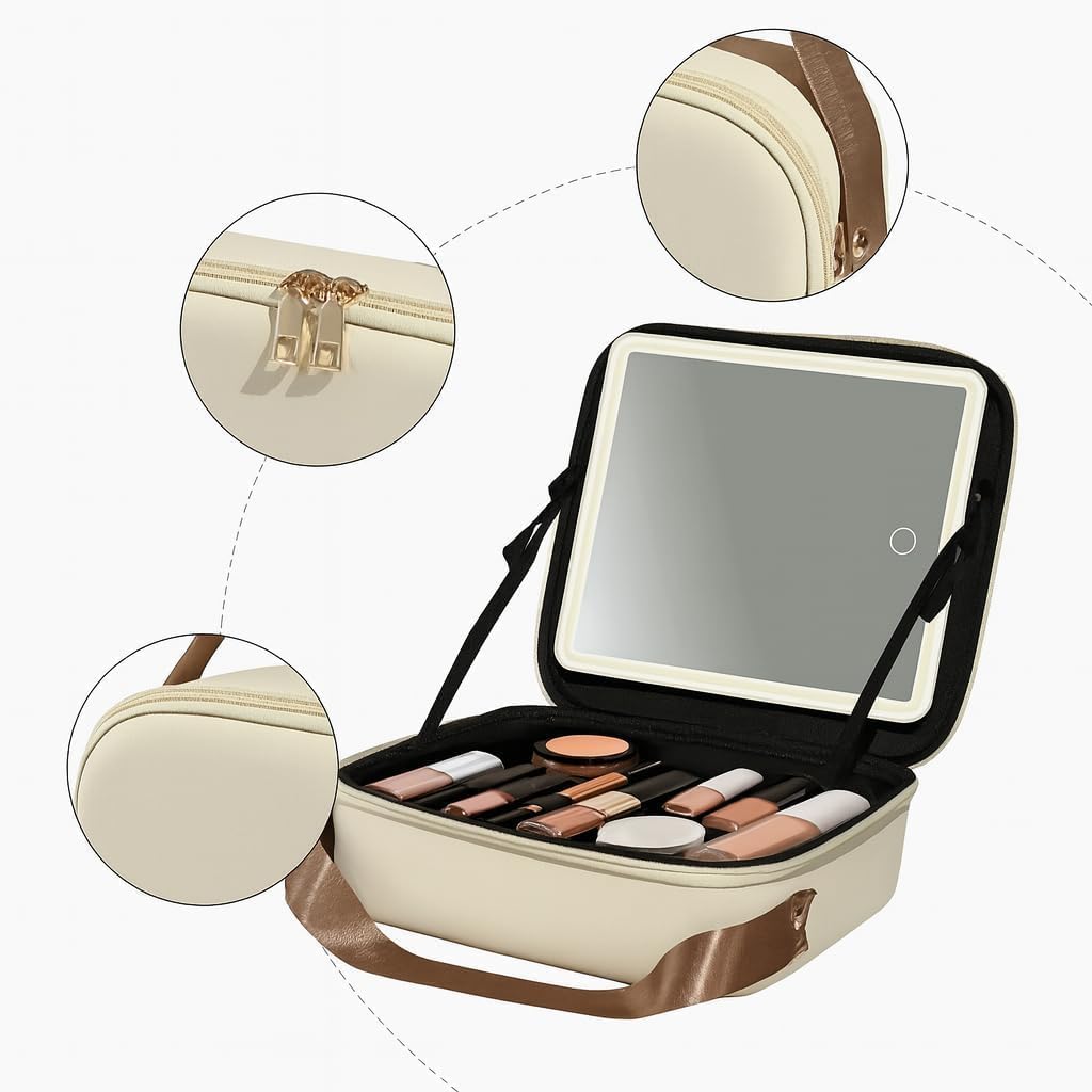 CHIDDHAN Premium PU Leather Cosmetic Travel Bag for Women, Cream Makeup Organizer Case with Dual Zipper & Sturdy Handle, Portable Vanity Storage Box 4