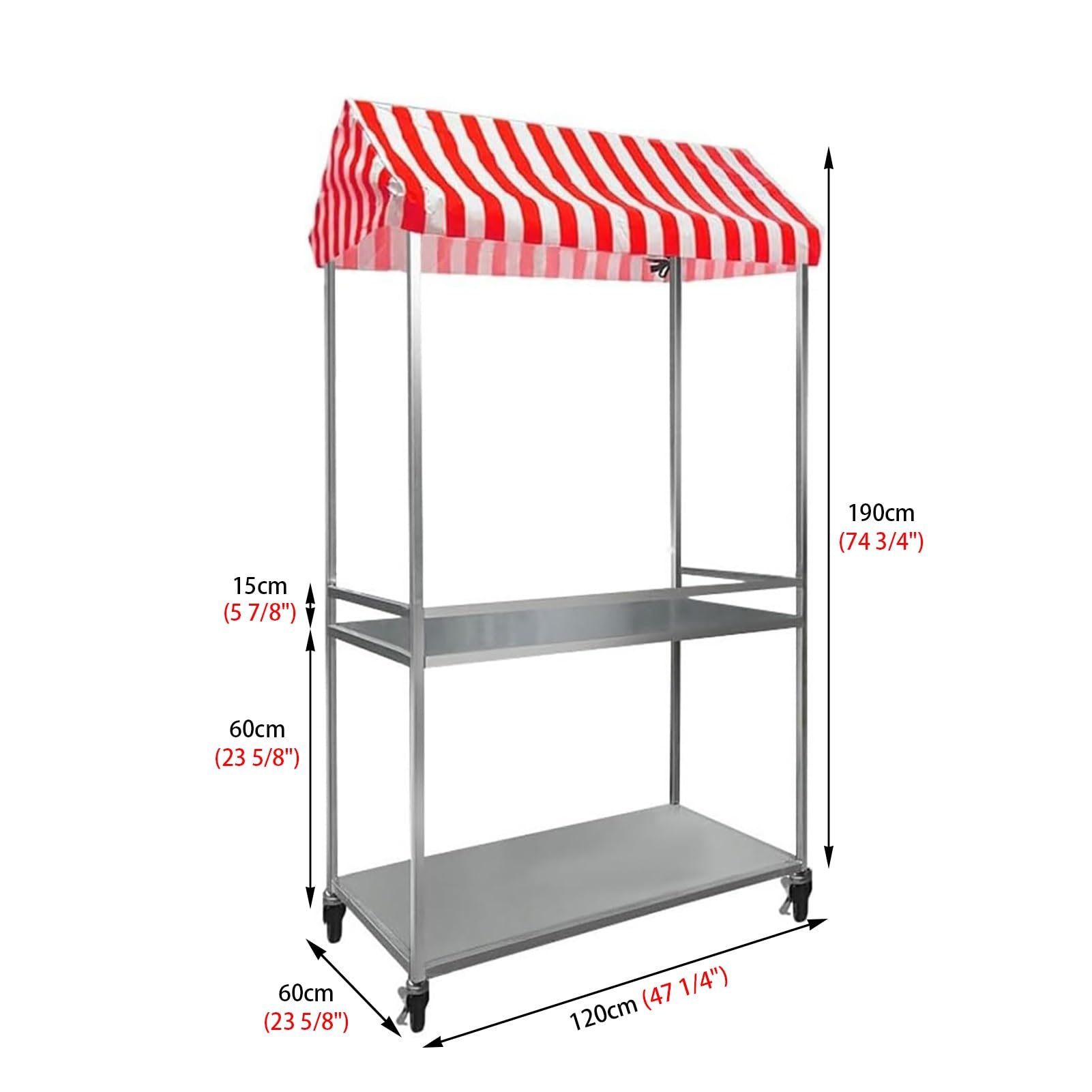 Carrello mobile per alimenti con ruote, chiosco in metallo con display a 2 livelli per il mercato degli agricoltori, carrello per snack rosso lungo 120 cm / 47.25in, perfetto per eventi all'aperto