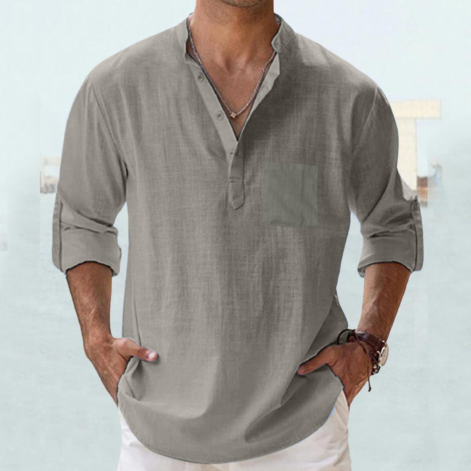 Chemise Homme en Lin – Col Henley, Manches Longues, Chemise d’Été Respirante, Coupe Décontractée, S-5XL