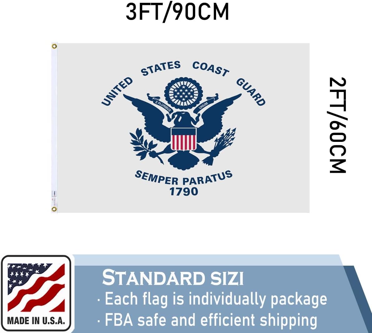 US Coast Guard USCG Flag 2x3 FT 100% Made in The USA-Heavy Duty Vibrant Colors Double Sided United States Coast Guard Flag with 2 Brass Grommets for Home/Company/Indoor Outdoor Decoration
