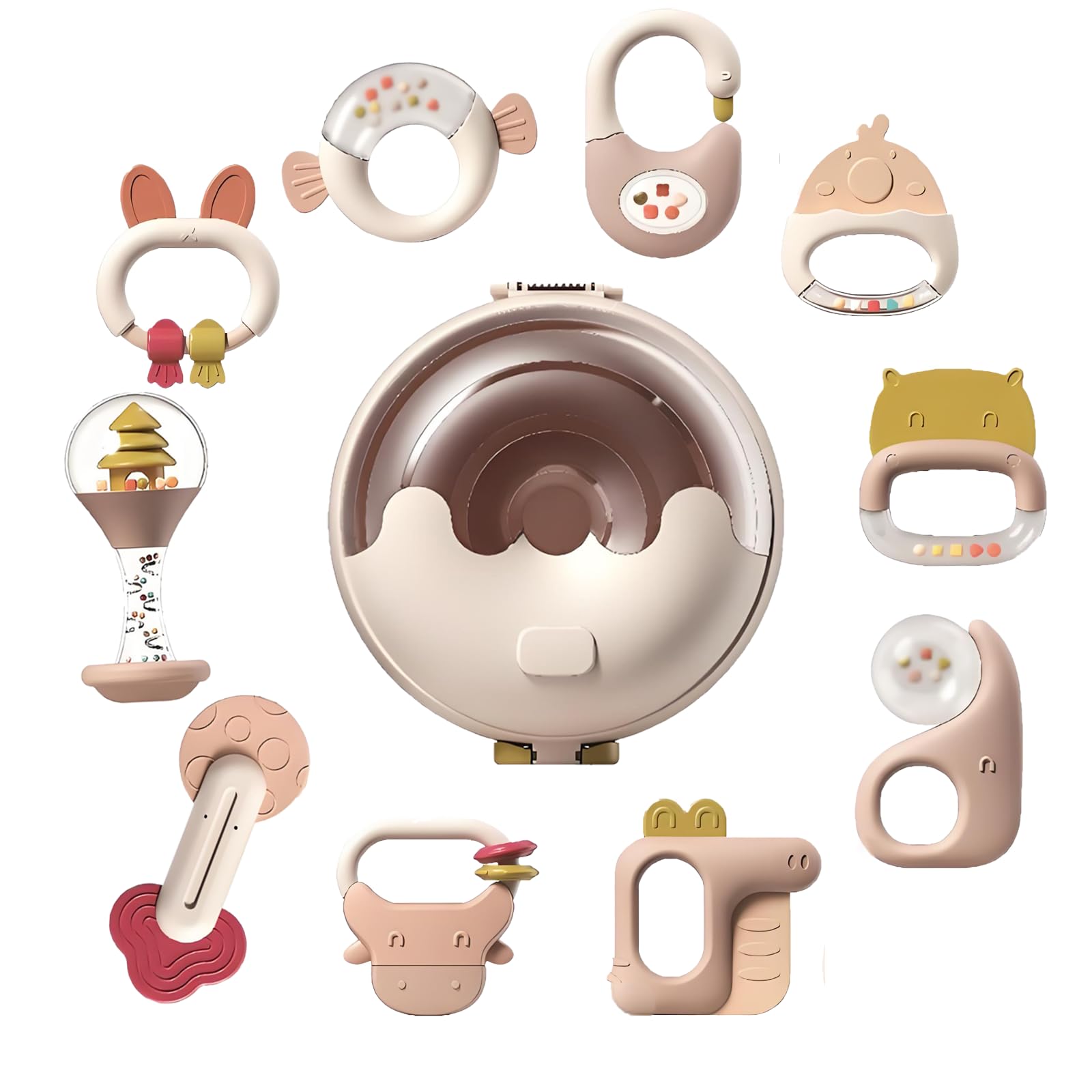 0-6 Months Baby Rattle Teether Toy Set,Infant Silicone Teether Chew Toys,Sensory Toy Set for Babies,Gift for Newborn Baby (10pcs-Set)