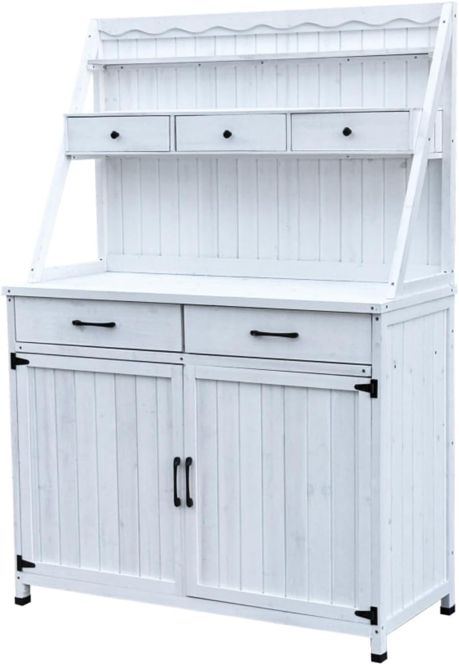 Outdoor Potting Bench Table Tableside Tool Wooden Gardening Tabletop and Storage Cabinet, Planting Garden Work Bench for Garden, Patio, Greenhouse