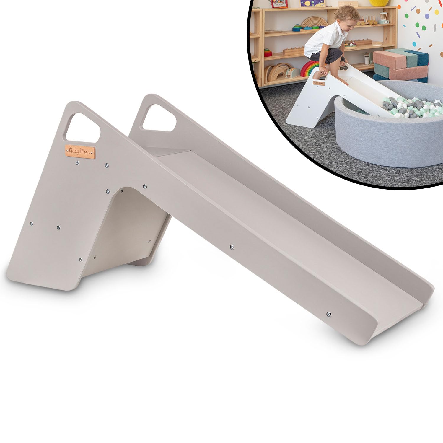 KiddyMoon Wooden Slide For Baby Multifunction Montessori Toddlers Indoor Freestanding 2In1 Chair For Children Slide For Ball Pit Sturdy Climbing Toy, Large, Grey