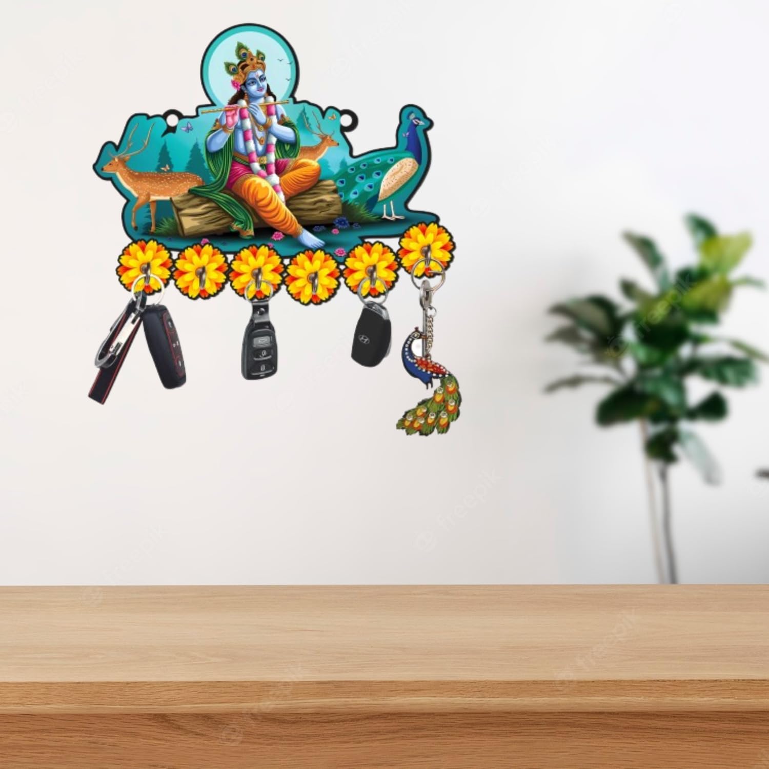Webelkart Antique Krishna Playing Flute Printed Wooden Key Holder for Home/Office Decor/Key Chain Holder for Wall Decor, Key Hanger for Home Decoration, Home Decor Item (10″ Inches)