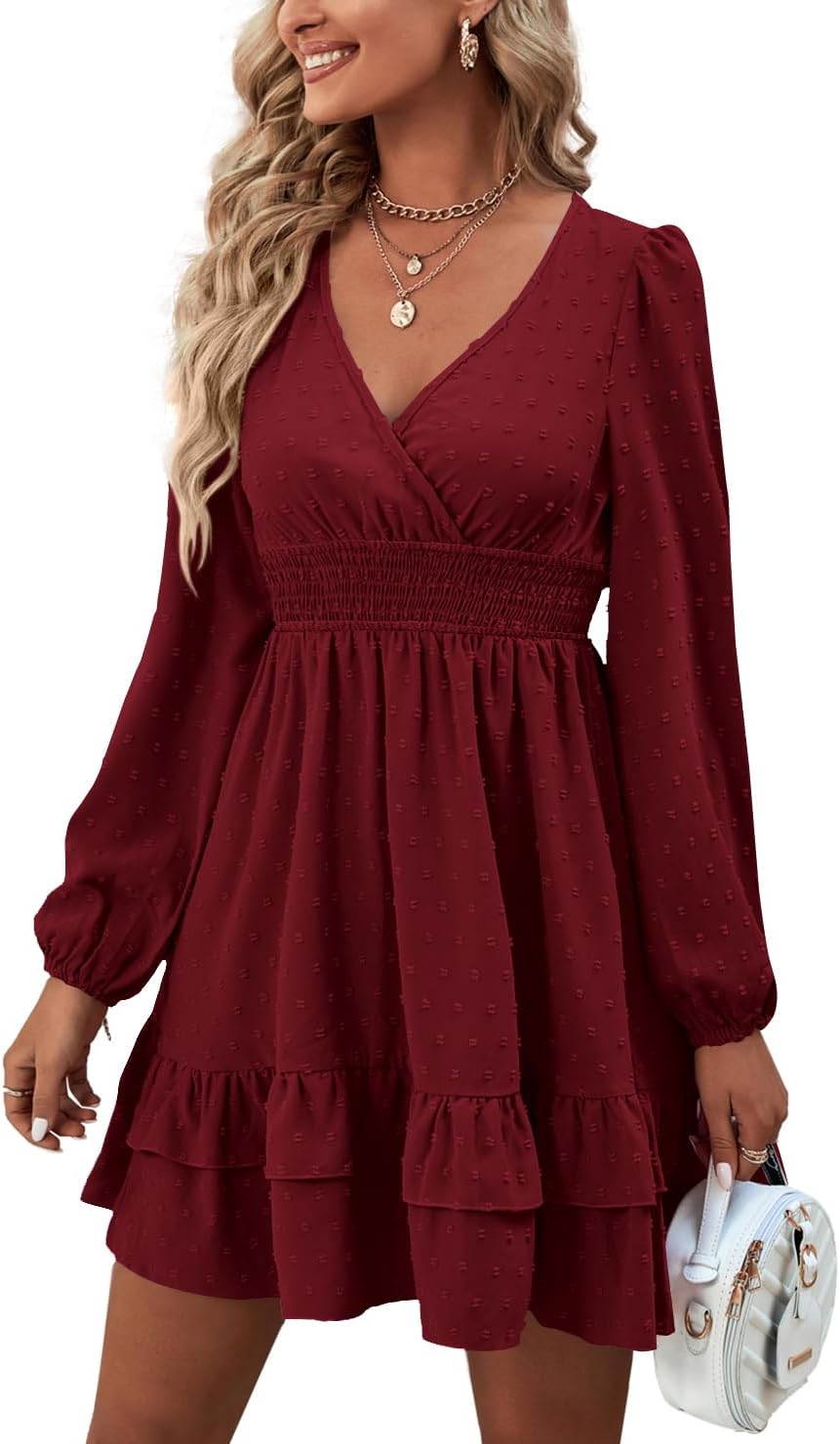 Rooscier Women's Wrap V Neck Swing Ruffle Swiss Dots Long Sleeve Mini Dress