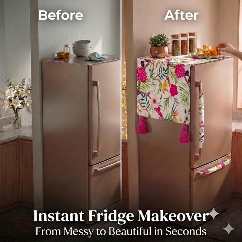 Image of WWW.THROWPILLOW.IN Fridge Top Cover with Tassels for Double Door 250-400L | Medium Size Dustproof Refrigerator Cover | Corner Tassels | Floral Print | Double Door Fridge Cover Mat