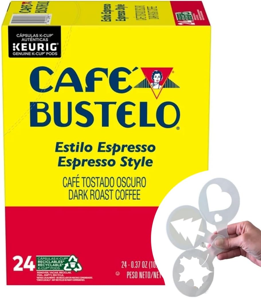 Cafe Bustelo Espresso K cups Bundle with Coffee Stencils, SingleServe Dark Roast