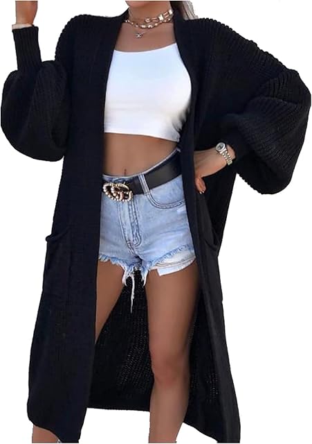 Candid Styles Ladies Long Maxi Knitted Cardigan Balloon Sleeve 2 Pocket Womens Open Front Boyfriend Cardigans Top UK 8-22