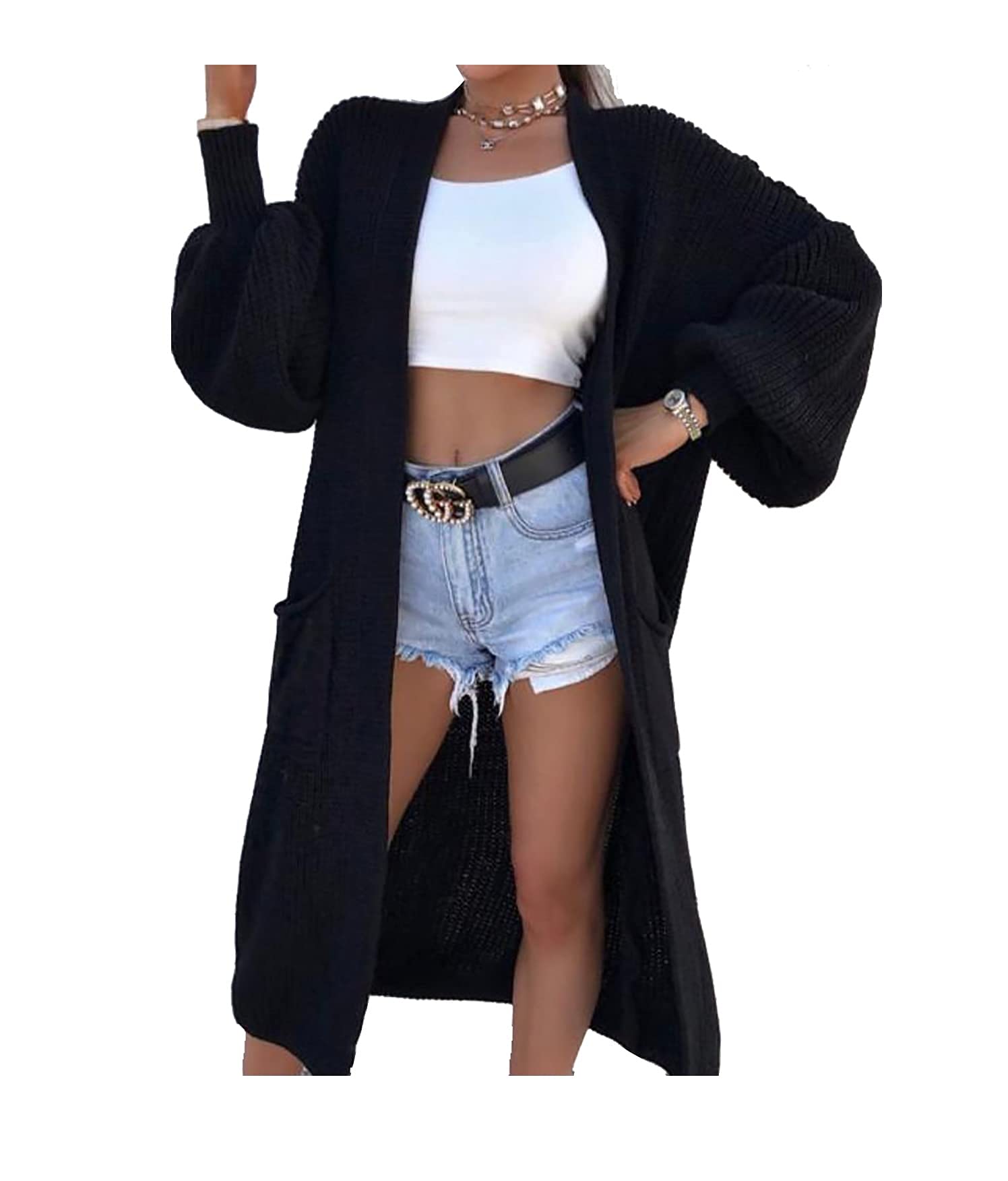 Candid Styles Ladies Long Maxi Knitted Cardigan Balloon Sleeve