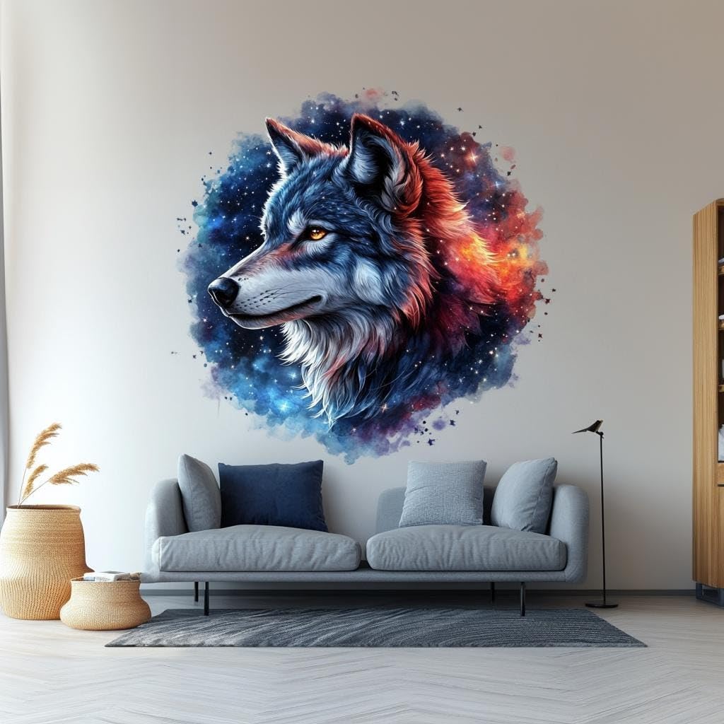 Wandtattoo, Motiv: Himmlischer Wolf, 3D-Wandbild, Motiv: kosmischer Wolf, mystische Tier-Wandaufkleber, Dekoration für Wohnzimmer, Schlafzimmer, von der Natur inspirierter Akzent