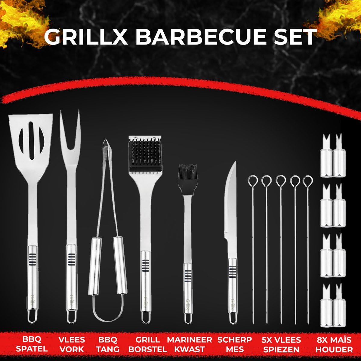 GrillX Zestaw narzędzi do grilla - 19-częściowy - wraz z luksusową torbą do przenoszenia - Akcesoria do grilla Kamado - Zestaw narzędzi