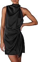 PRETTYGARDEN Women's Sleeveless Mock Neck Satin Cocktail Dress - Short Tie Waist Summer Party Dress